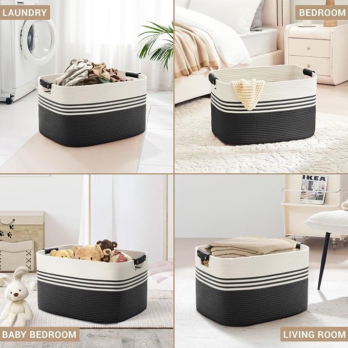 86L Large Woven Laundry Basket Hamper with Leather Handles,Black | 24"x16"x14", collapsible wicker hamper, storage for dirty clothes, toys, blankets, gifts, living room, bedroom, bathroom