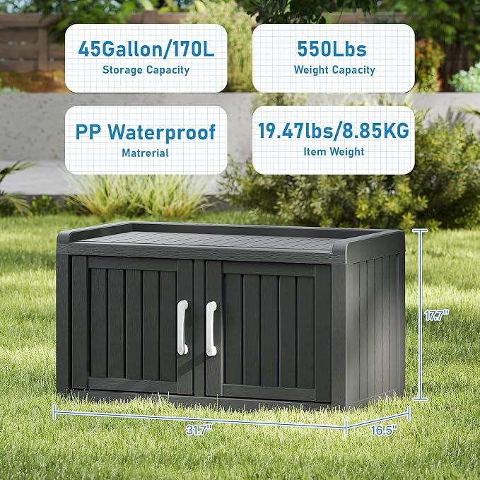 2-Tier Storage Bench, Waterproof UV-Resistant Outdoor Shoe Storage Cabinet with 2 Doors & Adjustable Shelves for Indoor Outdoor Entryway, Hallway, Living Room (Black)