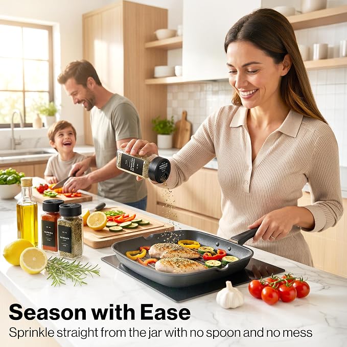 EDELHAUS Glass Spice Jars with Label and Black Sprinkle Lids (24 x 4oz) | Airtight Lids keep spices fresh, Kitchen Spice Drawer Organizer, 4oz Seasoning Containers incl. Funnel, Brush & 240 Labels