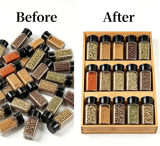 Spice Drawer Organizer for Cabinet, 3 Tier Bamboo Spice Rack Tray for Drawer, Kitchen Seasoning Organizer for Countertop Cupboard Pantry