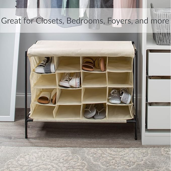 Simplify 16 Pair Shoe Rack with Cover | Stackable | Storage & Organization | Closet | Bedroom | Entryway | Beige