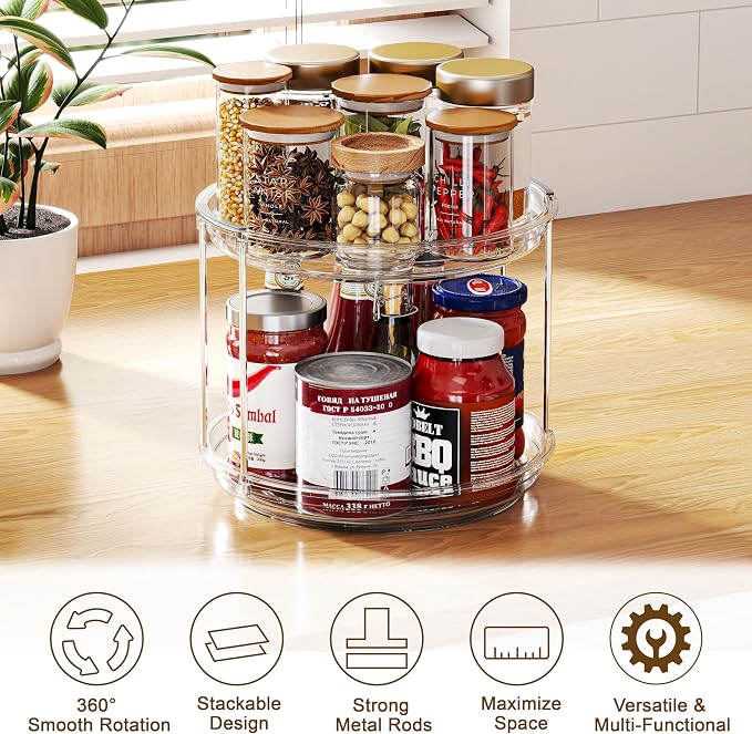 2 Pack 2 Tier Lazy Susan Turntable Organizer 9.25 inch, Rotating Spice Rack Organization for Cabinet, Bathroom, Pantry, Countertop, Kitchen, Vanity, Medicine Cabinet Organizer, Clear