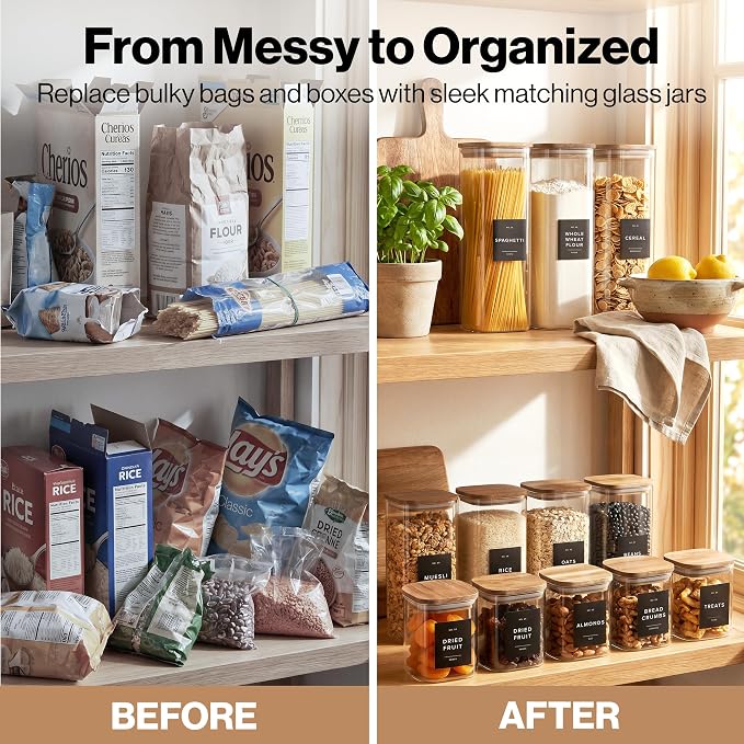 Glass Pantry Storage Jars Containers with Acacia Lids and Labels - Set of 5 | Extra Thick Square Glass Canisters with Acacia Wood Lids and 54 Pre-printed Pantry Labels keeps dry Goods Fresh and Organized