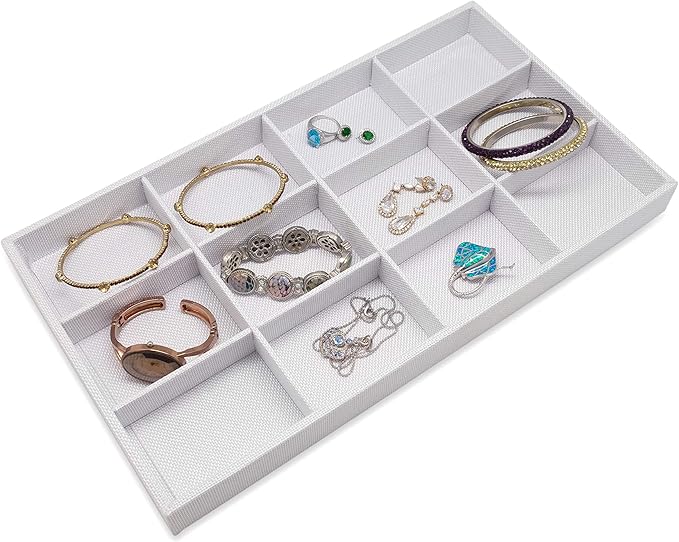 The Display Guys - Stackable Jewelry Tray and Organizer - for Drawers, Dressers, Store Display (12 Compartments, White Burlap)