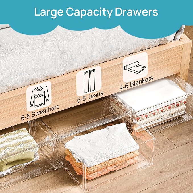 Vtopmart 2 Pack Large Clear Stackable Storage Drawers 23QT, Easily Assemble Plastic Closet Storage Bins, Dust-Proof UnderBed Organizer for Clothing, Sweater Organization