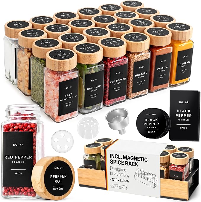 EDELHAUS Square Glass Spice Jars (24 x 4oz) with Bamboo Lids + Magnetic Spice Rack for Refrigerator (Fits 12 Jars) + Bonus Slim Auxiliary Rack, 240 Labels, Shaker Inserts, Funnel