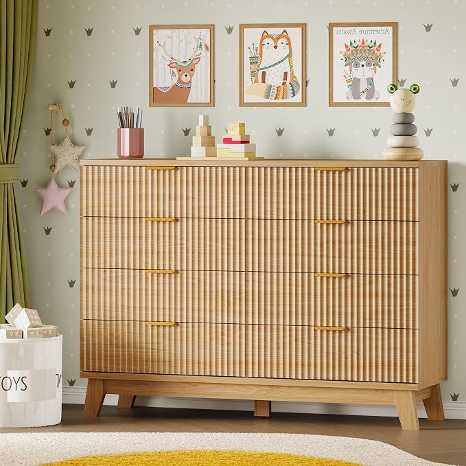 BORNOON 53" Wide Dresser for Bedroom, 8-Drawer Fluted Chest of Drawers, Modern Wood Highboy with Metal Slides and Handles, Anti-Tip Kit, Vertical Clothes Storage Organizer for Apartment, Closet