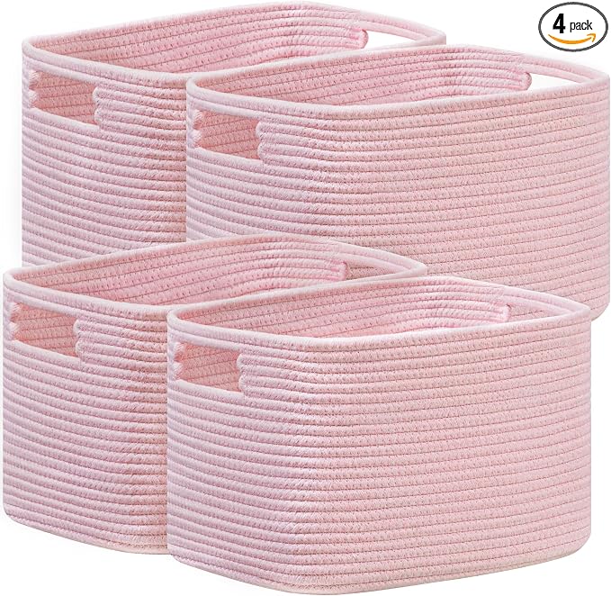 4 Pack Storage Baskets for Organizing, Shelf Baskets with Handles, Pink | 14.5"L x 9.8"W x 9"H, Woven Basket, Cotton Rope Basket, Toy Storage, Cube Shelf, Gift Baskets Empty, Home Decor