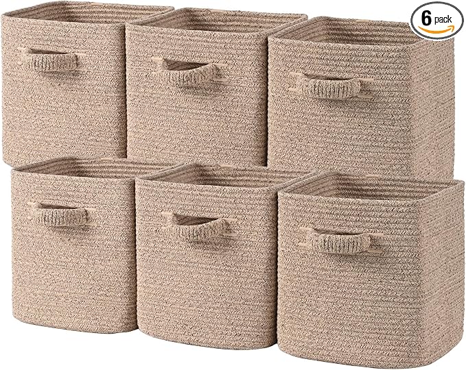 11 Inch Storage Cubes, 6 Pack Cube Storage Bins for Organizing, Cotton Rope Woven Baskets for Shelves, Bathroom, Kids Room, Closets, Baby Nursery