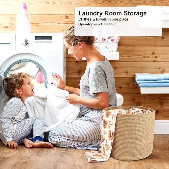 XUANGUO Jute Rope Woven Basket, 16x14 in Kids Laundry Basket | Round blanket basket and small laundry basket; baby hamper or nursery storage bin for girls, boys, toys, clothes and shoes