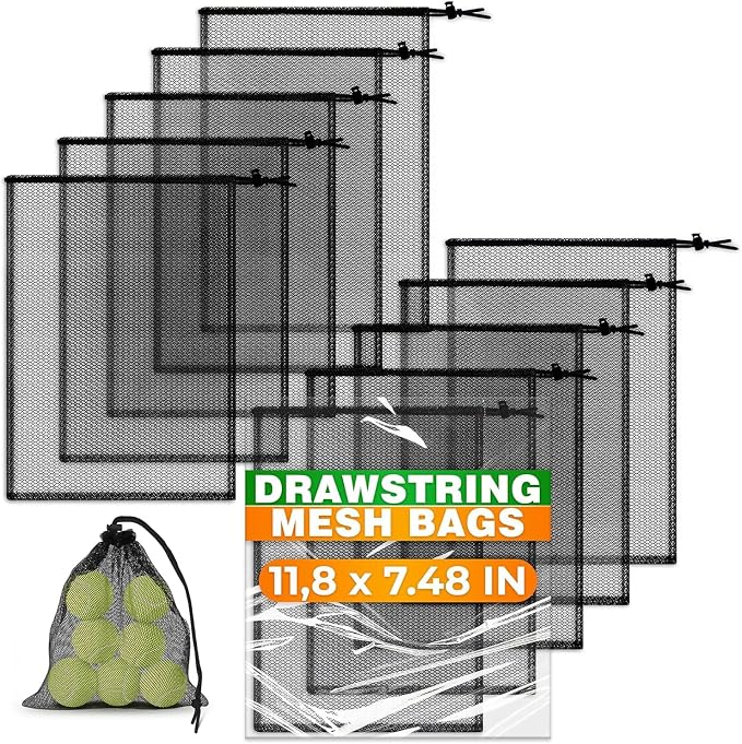 Small Mesh Bags Drawstring, 11.8"x7.48", 10 Pack, Nylon (Black), Reusable | Small Net Bag; Lightweight, Breathable; for Travel, Gym, Swimwear, Laundry, Sports, Beach Gear, Camping & Daily Organization
