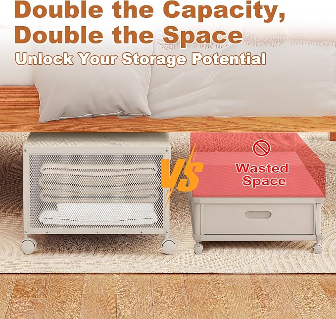 2 Pack Under the Bed Storage Containers,12 inch Height Under Bed Shoe Storage,31inch Long Underbed Storage with Wheels,Large Rolling under bed Clothes Storage Drawers with Lid for Dorm Tall,Ivory