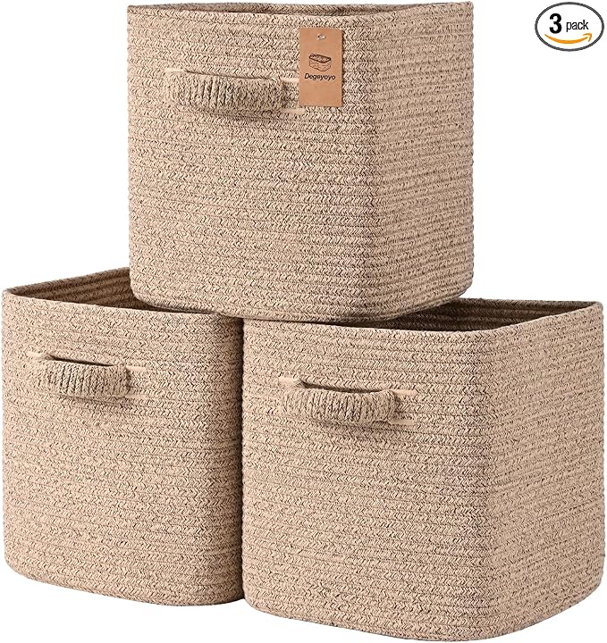 12 Inch Storage Cubes, 3 Pack Cube Storage Bins for Organizing, Cotton Rope Woven Baskets for Shelves, Bathroom, Kids Room, Closets, Baby Nursery