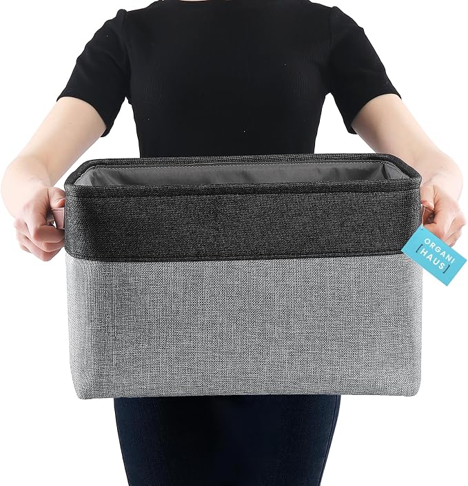 OrganiHaus 16x12.5in Canvas Storage Baskets 3 Pack | EXTRA LARGE Fabric Bins for Shelves | Linen Closet Organizer | Gray/Black