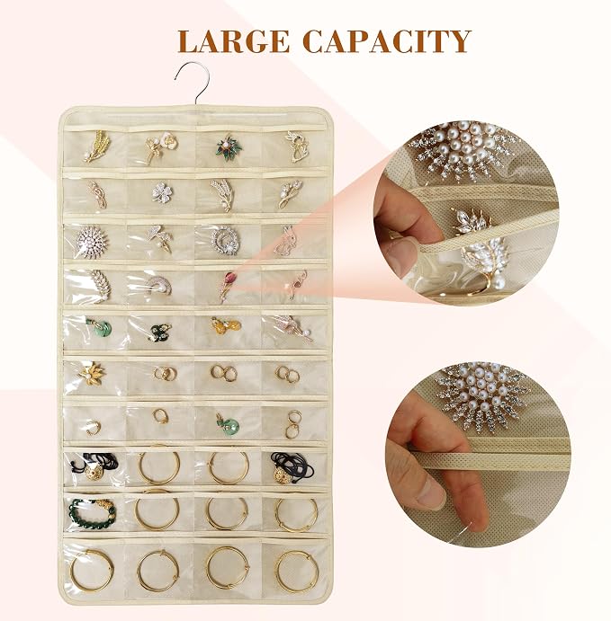 80 Pocket Hanging Jewelry Organizer with Hanger Metal Hooks Storage On Wall Door Closet Double-Sided(Each Side 40 Pockets) Jewelry Holder for Earrings, Necklaces, Rings (Beige)
