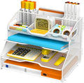 4 Tier Metal Desk Organizer with Magazine File Holder, White | Space saving workspace desk file trays. Includes pencil holder and portable handles. Ideal for school and office supplies