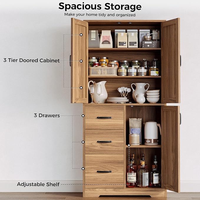 IRONCK Pantry Cabinet, 67.5 inch Tall Storage Cabinet with 3 Doors & Drawers, Farmhouse Kitchen Cabinet with Adjustable Shelves, 5 Tier Freestanding Cupboard for Kitchen, Oak Brown