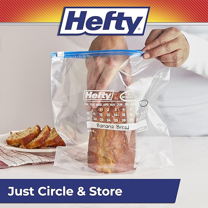 Hefty Calendar Slider Gallon Freezer Bags, 25 Count (Pack of 4), Gallon Slider Bags for Freezer with Calendar Dates, Holds Raw Meat, Soups, Fruits and Veggies, and More, Secure Zip and Click Closure