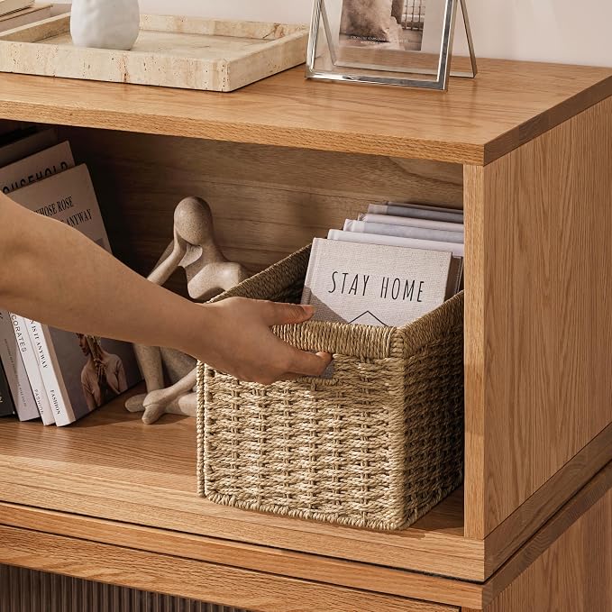 UBBCARE 2 Pack Wicker Basket, 13.4L×8.3H×7.1W inch Woven Paper Rope Storage Baskets for Shelves, Foldable Rectangular Storage Baskets with Handle, Storage Basket for Organizing, Natural