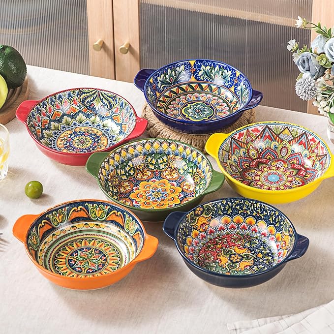 Henten Home Ceramic Soup Bowls Set，30 oz Ceramic Pasta Bowls Set of 6, Colorful Serving Bowl with Handle, for Salad, Cereal, Dinner, Bohemian Style, Microwave & Dishwasher Safe