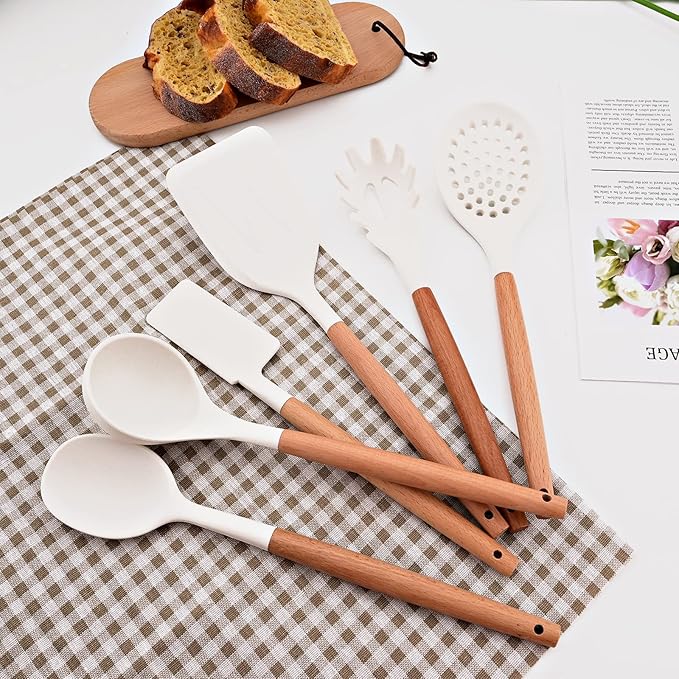 11pcs Silicone Cooking Utensils Spatula Set with Wooden Handle, White Kitchen Gadgets Set for Nonstick Cookware, Include Holder Storage Bucket.