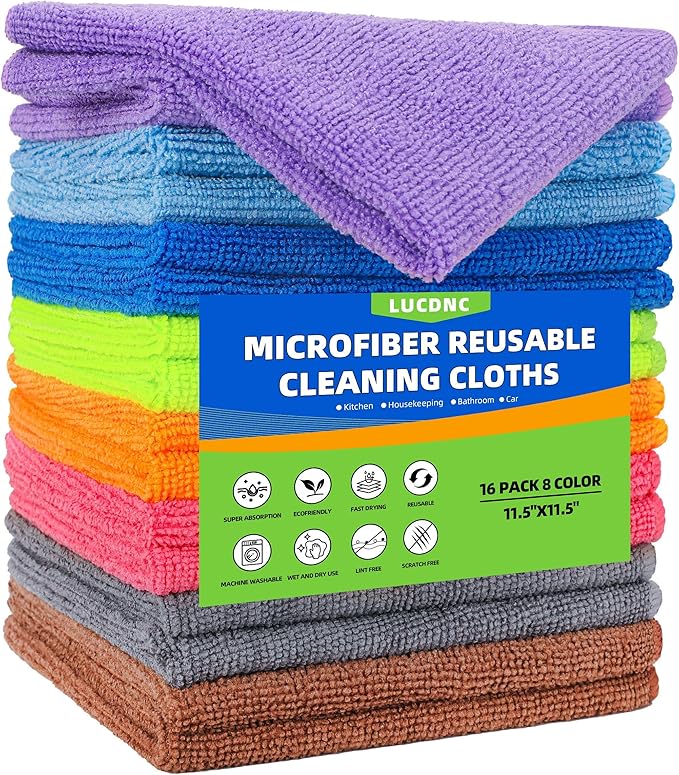lucdnc Microfiber Cleaning Cloths 16 Pack 8 Color Cleaning Rags for Housekeeping Home Kitchen Bathroom Car,11.5"X11.5" Soft Lint Free Wet and Dry Use Dusting Cleaning Supplies Towels