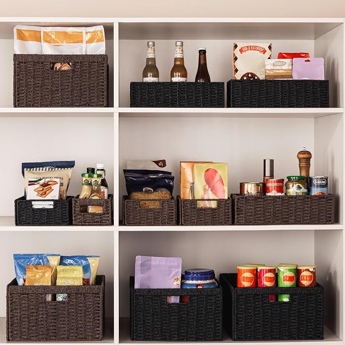 UBBCARE 4 Pack Wicker Basket, 13.4L×8.3H×7.1W inch Woven Paper Rope Storage Baskets for Shelves, Foldable Rectangular Storage Baskets with Handle, Storage Basket for Organizing, Black