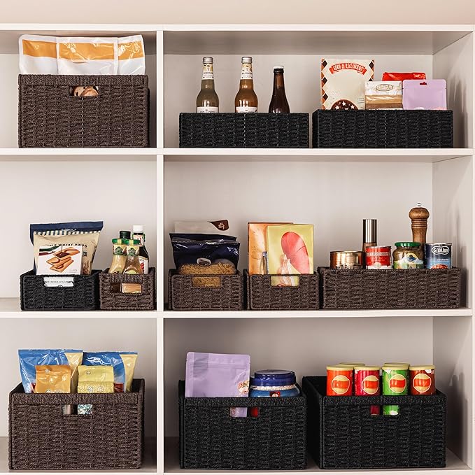 UBBCARE 2 Pack Wicker Basket, 13.4L×8.3H×7.1W inch Woven Paper Rope Storage Baskets for Shelves, Foldable Rectangular Storage Baskets with Handle, Storage Basket for Organizing, Black