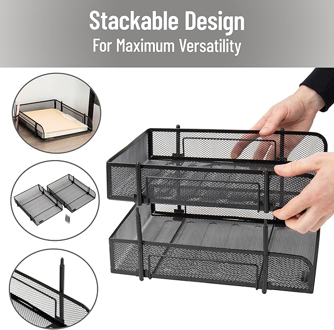 Mind Reader Paper Tray, Desk Organizer, Stackable, Storage, Office, Metal Mesh, 10.5" L x 13.25" W x 7.5" H, Set of 2, Black