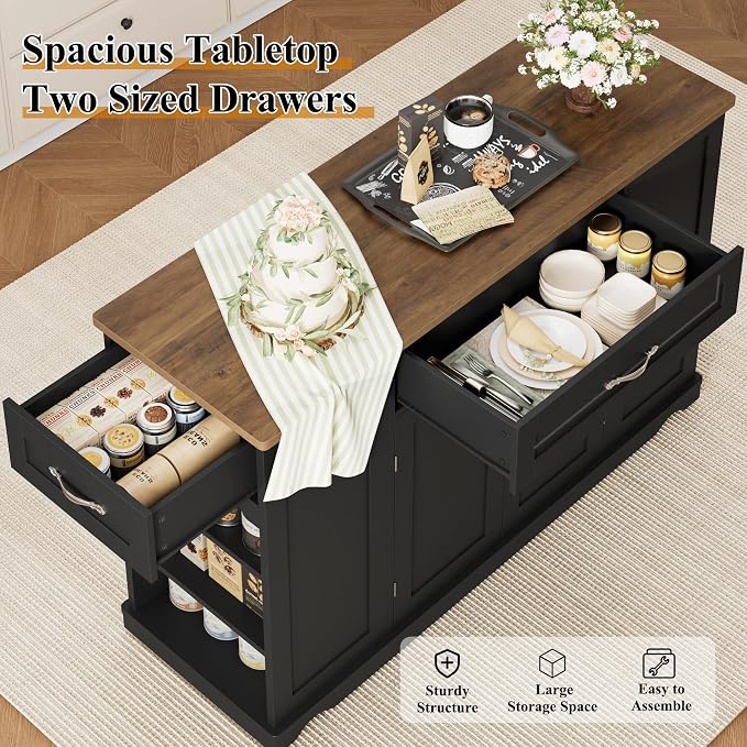 HOSTACK 47" W Kitchen Island Cart with Storage, Rolling Island Table, Black | Mobile Kitchen Storage Islands on Wheels with 2 Drawers, Adjustable Shelves, Movable Buffet Cabinet for Dining room