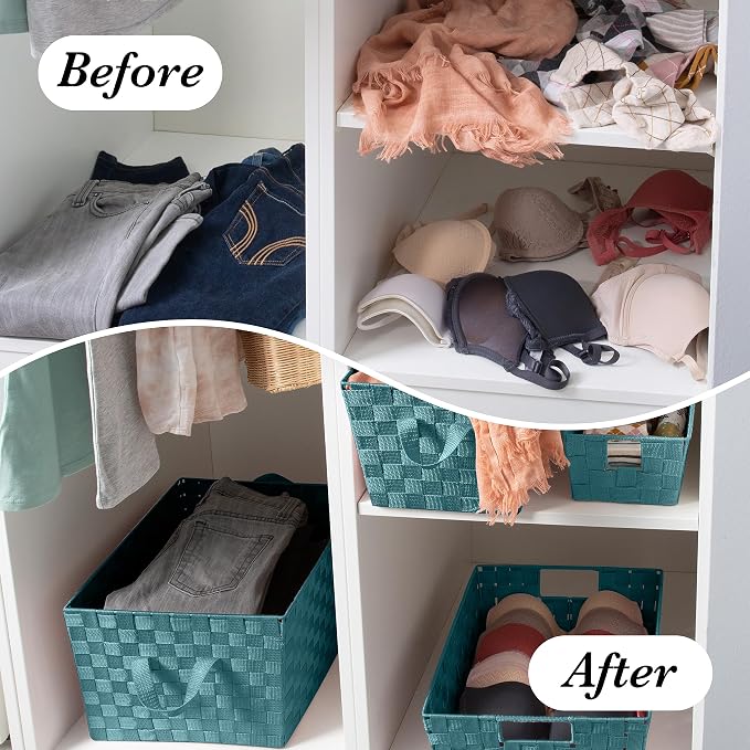 Simplify Large Shelf Woven Strap Tote | Decorative Storage Basket | Built in Handles | Organization | Closet | Bedroom | Bathroom | Nursery | Accessories | Toys | Gifts | 1 Pack | Sapphire