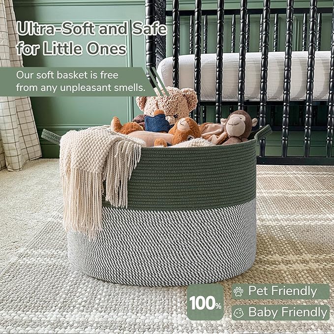 INDRESSME INDRSSME Large Laundry Storage Basket, 21.7 x13. 8 - Decorative Rope Blanket Basket for Organizing Bedroom, Living Room, Nursery, Toy Storage for Colthes Towel, Empty Gift Baskets -Green