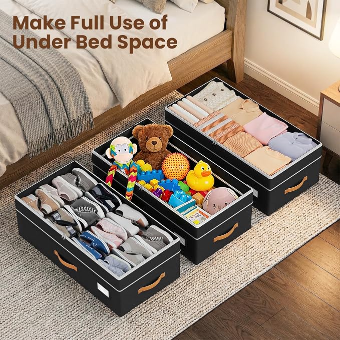 Budding Joy 80L 2 Pack Adjustable Under Bed Storage with Wheels | Underbed containers with clear lids, rolling under bed shoe storage organizer for dorm home clothes, blankets, toys, black