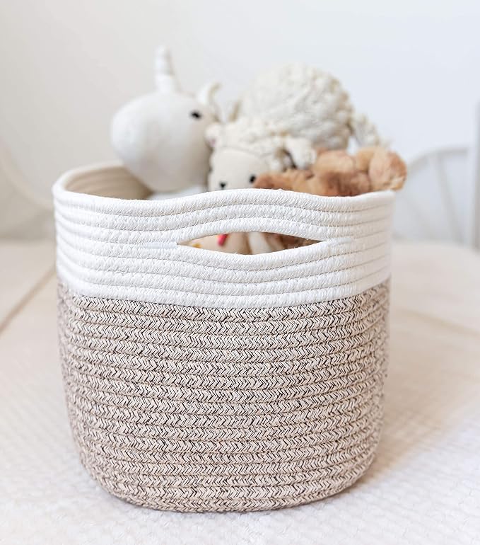 Brown Cotton Rope Baskets for Shelves, Set of 3 - 15"×10"×9½" - Woven Storage Baskets for Organizing - Closet, Nursery, Bedroom, Playroom - Toys, Books, Towels, Clothes
