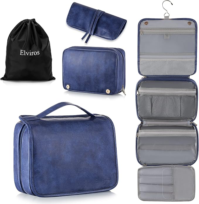 Elviros Hanging Toiletry Bag for Men PU Leather Shaving Dopp Kit (Blue) | 3-in-1 Waterproof Travel Organizer with Separate Compartments for Grooming Items, Toiletries, and Daily Essentials