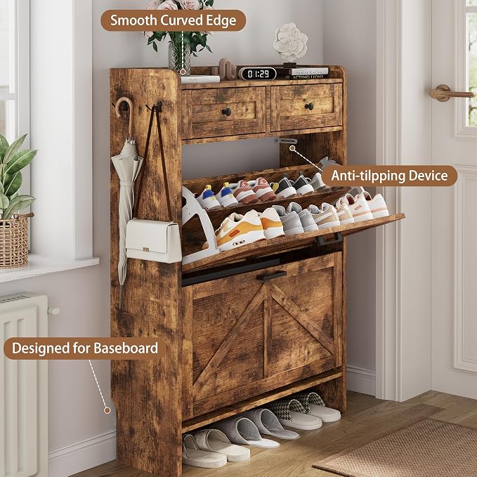 Shoe Cabinet with 2 Flip Drawers & 2 Top Drawers, 43" Tall Freestanding Narrow Wooden Shoe Storage Organizer for Entryway, Hidden Slim Shoe Rack for Front Door Entrance, Hallway, Living Room, Brown