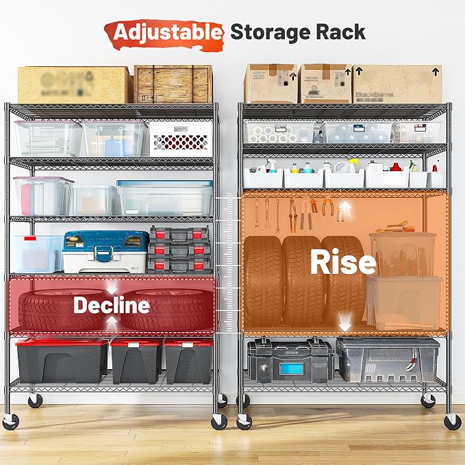 Romorgniz 82" H X45 W X18 D Storage Shelves with Wheels, 6 Tier Wire Shelving Adjustable Metal Shelving Pantry Shelves Capacity 1200LBS for Garage, Pantry, Kitchen, Closet,Black,3P