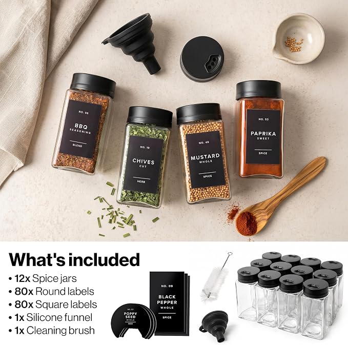 EDELHAUS Glass Spice Jars with Labels & Black Rotating Lids – 12 Large Square Airtight Containers 6.7 oz / 200ml with Shaker Inserts, Funnel & 160 Waterproof Labels for Kitchen Pantry Organization