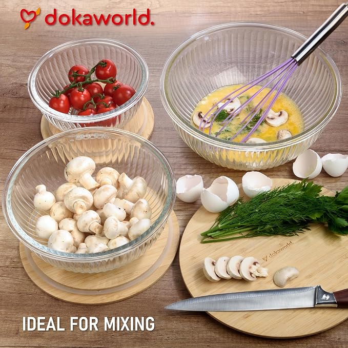 Stackable Space-Saving Nesting Set of 3 Glass Bowls with Bamboo Lids for Foodprep, Storage, Mixing & Cooking - Microwave & Oven Safe BPA Free Durable Heat Resistant Inert Borosilicate Glass