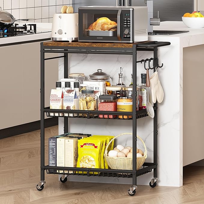 Microwave Kitchen Rolling Cart, 35.43" H Microwave Table Stand with Lockable Wheels, Utility Cart with Adjustable Shelf for Small Kitchen Island, Coffee Bar Table, Appliance Storage, Bakers Rack