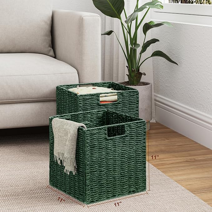 Vagusicc Wicker Storage Basket, Set of 2 Hand-Woven Paper Rope Wicker Baskets, Foldable Cube Storage Bins, Square Storage Baskets for Organizing Shelves & Decor, Green (11″×11″×11″)