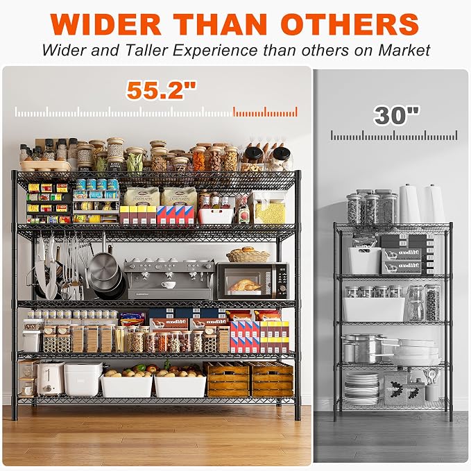 REIBII 85.7"H Garage Shelving 2998LBS Storage Shelves with Wheels&Feet,5 Tier Garage Shelves Heavy Duty Adjustable Wire Shelving for Basement Commercial Industrial Pantry, 85.7"H X 55.5"W X 24.2"D