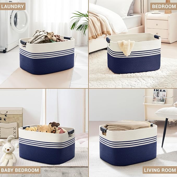 100L Large Woven Laundry Basket Hamper with Leather Handles,Navy | 24"x16"x16", collapsible wicker hamper, storage for dirty clothes, toys, blankets, gifts, living room, bedroom, bathroom
