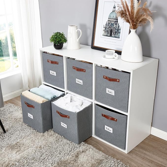 DECOMOMO Storage Baskets, 13x15x13 Storage Cube Bins with Labels for Organizing Shelves (Kallax / 4pcs, Texture Grey)