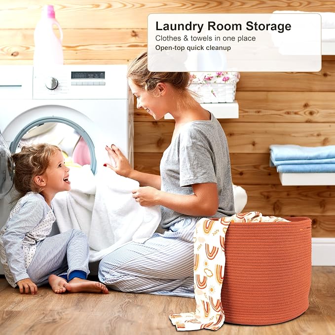 XUANGUO Cotton Rope Woven Basket, 16x14 in Kids Laundry Basket, rustic | Round blanket basket and small laundry basket; baby hamper or nursery storage bin for girls, boys, toys, clothes and shoes