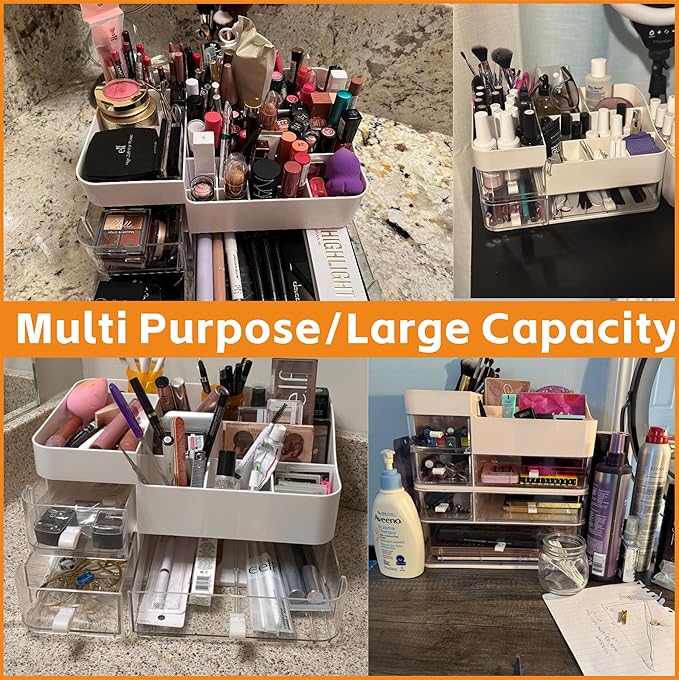 White Makeup Organizer With Drawers,Large Skincare Organizers for Countertop,Desk,Dresser,Plastic Bathroom Counter Organizer for Brush,Palettes,Perfume,Beauty Products Organization,Skin Care Storage