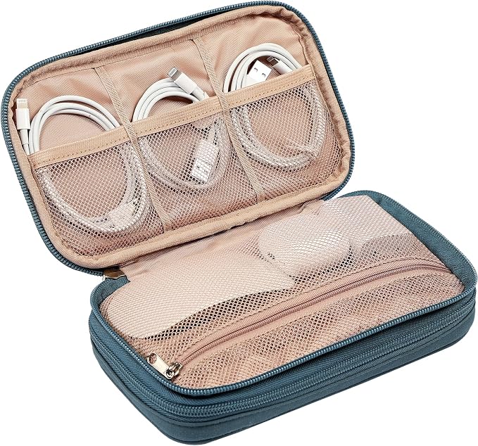 NISHEL Electronics Travel Organizer Cord Case, Charger Cable Tech Bag | Double-layer bag keeps chargers, cables, flash drive, and small tech essentials organized for trip, Medium, Lake-Blue