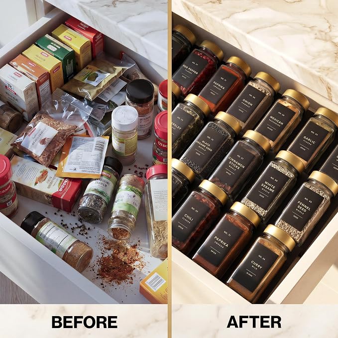 EDELHAUS Glass Spice Jars with Label, 24x Gold Stainless Steel Lids | Airtight Lids keep spices fresh, Kitchen Spice Drawer Organizer, 4oz Seasoning Containers incl. Funnel, Brush & 240 Labels