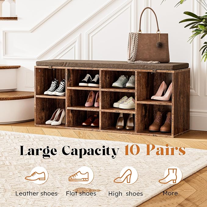 Shoe Storage Bench with Cushion, 41'' Long Entryway Bench with 10 Compartments Shoe Rack, Multifunctional Cubby Storage Organizer for Living Room, Hallway, Bedroom and Closet, Brown