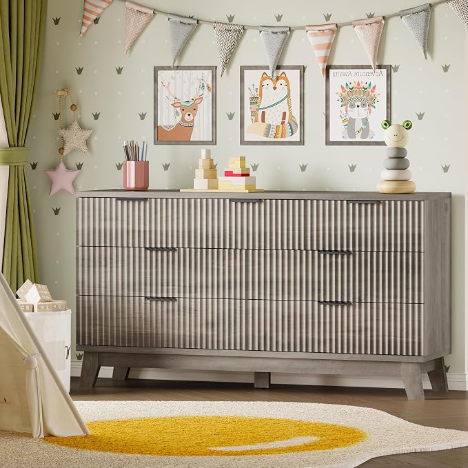 BORNOON 57" Long Dresser for Bedroom, 7-Drawer Fluted Chest, Wide Wood Storage Dresser with Metal Slides and Handles, Stable Base, Modern Clothes Organizer for Primary Suite, Guest Room, Nursery